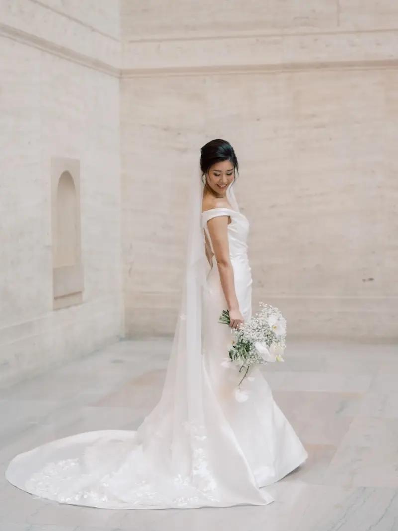 Sophia Wears Off The Shoulders, Minimalist Wedding Dress for Chicago Wedding Image