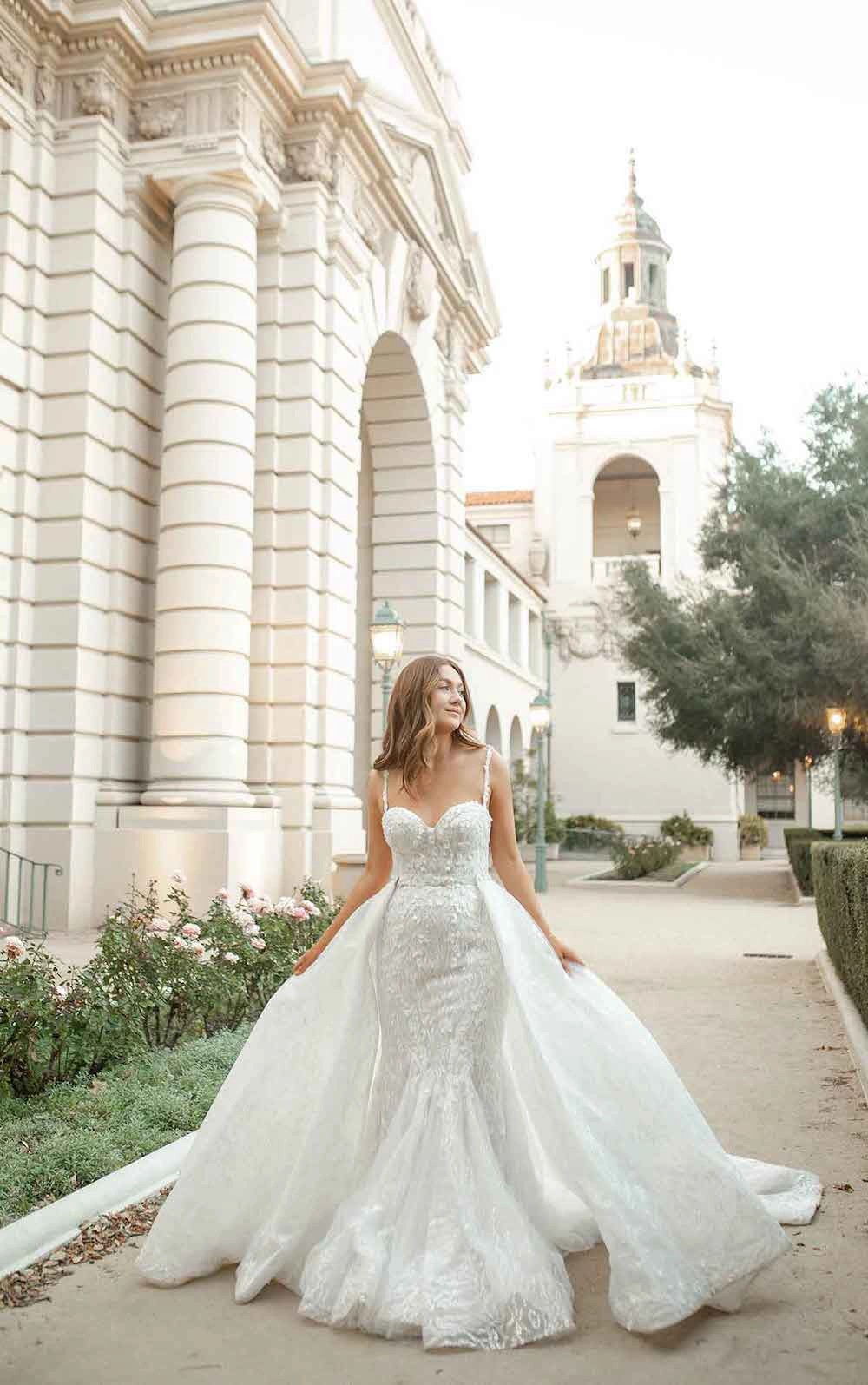 Champagne Modern Sleeveless Church Train Wedding Dress with Removable –  Okeydress