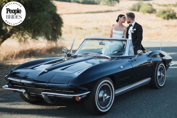 Bride Hayley Wears Satin Slip Wedding Dress For Wedding To Derek Hough. Desktop Image