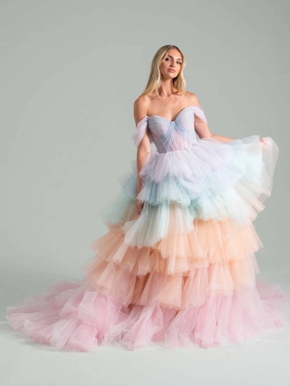 Hayley Paige pastel tulle ball gown with off the shoulder detail