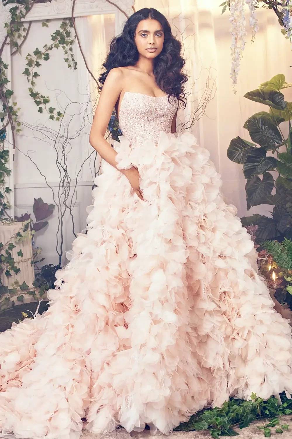 Ines Di Santo soft blush strapless ball gown wedding dress with sparkling bodice