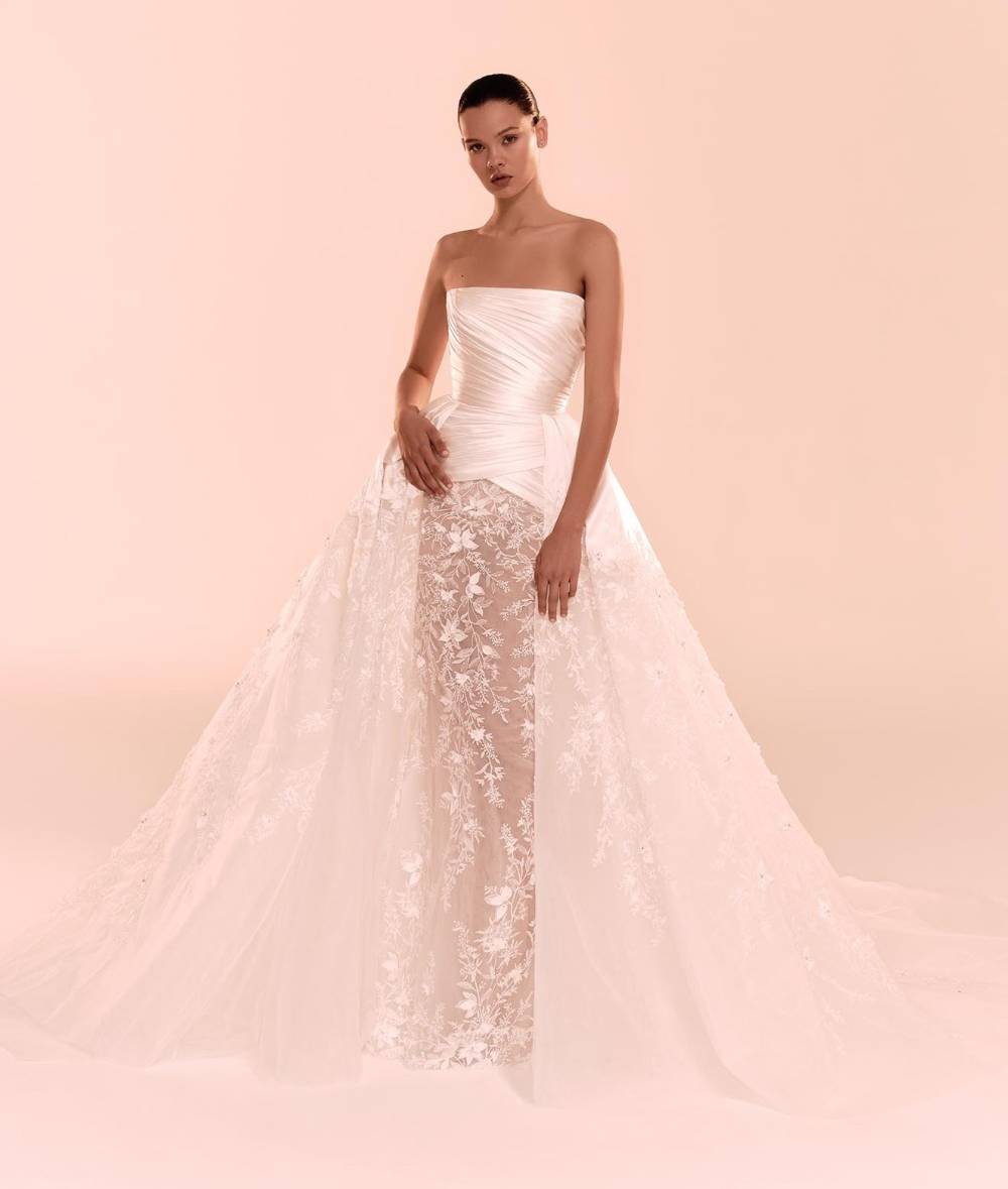 Zuhair Murad strapless couture wedding dress with sheer lace column skirt and embroidered overskirt