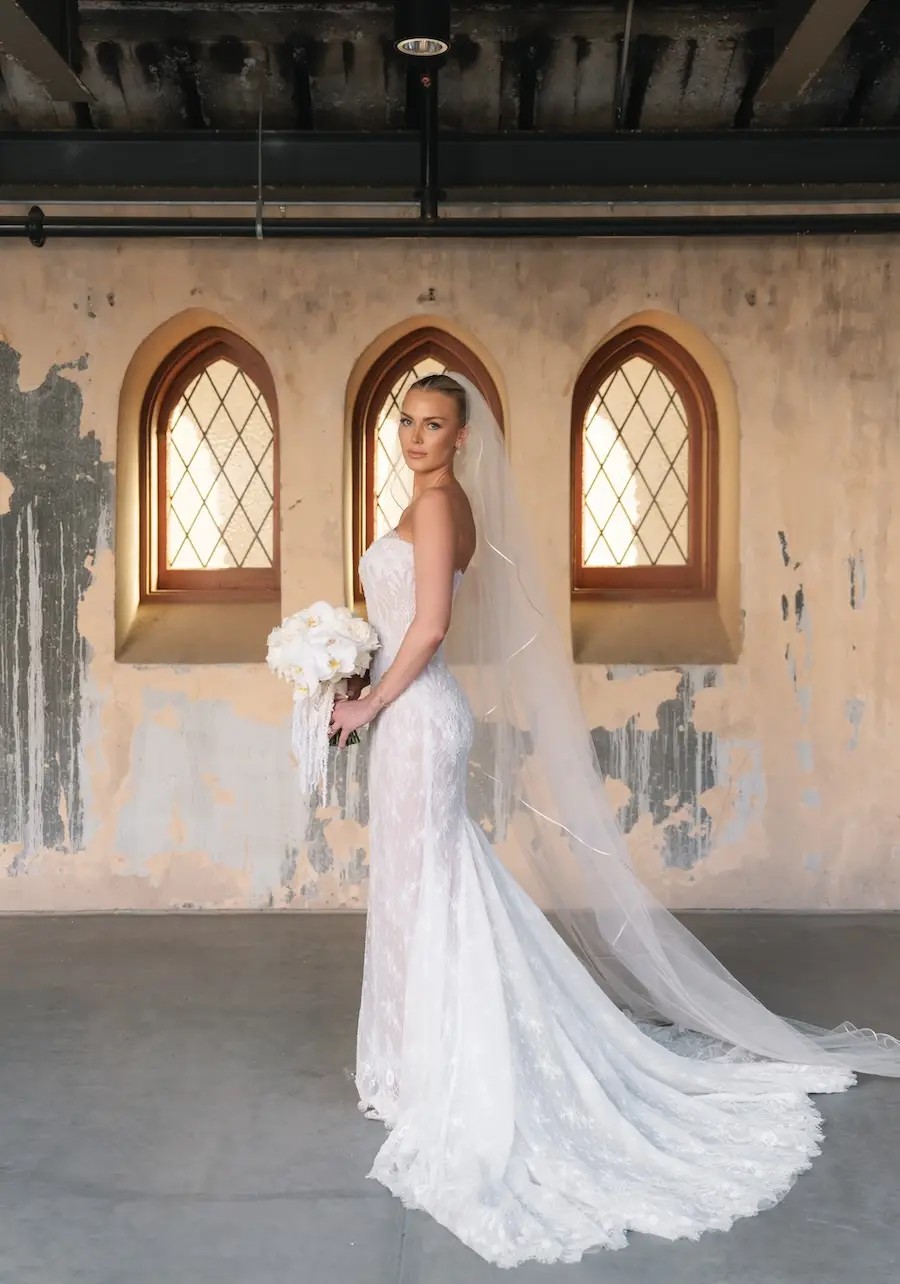 Devon Wears Modern Classic Lace Wedding Dress Image