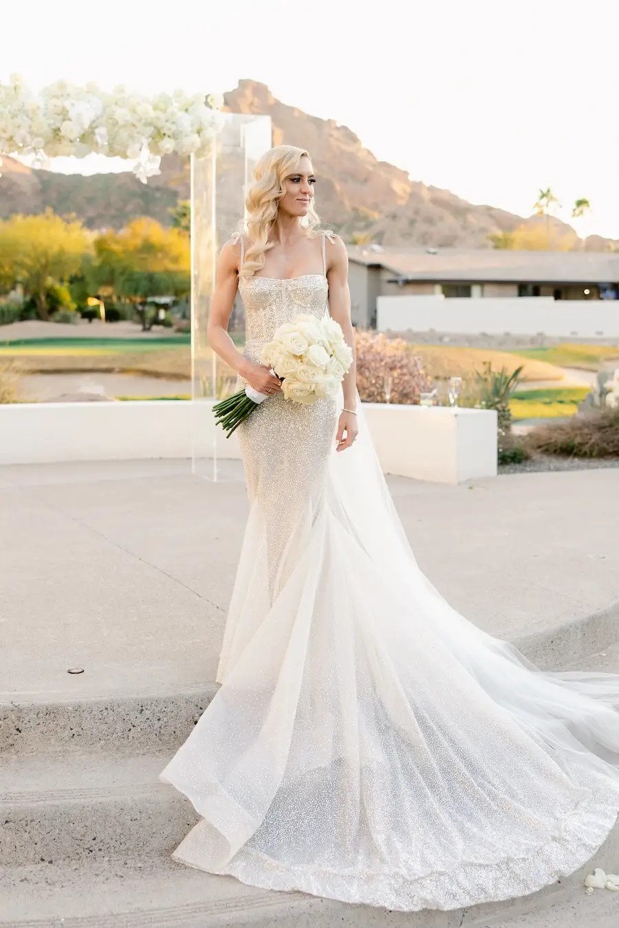 Shana Wears All Over Sparkle, Fitted Wedding Dress. Desktop Image