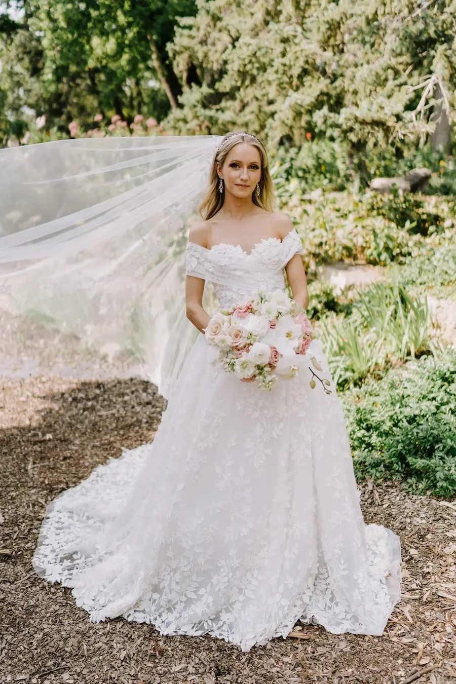 Krystin Wears Off the Shoulders Floral Appliques Wedding Dress. Desktop Image