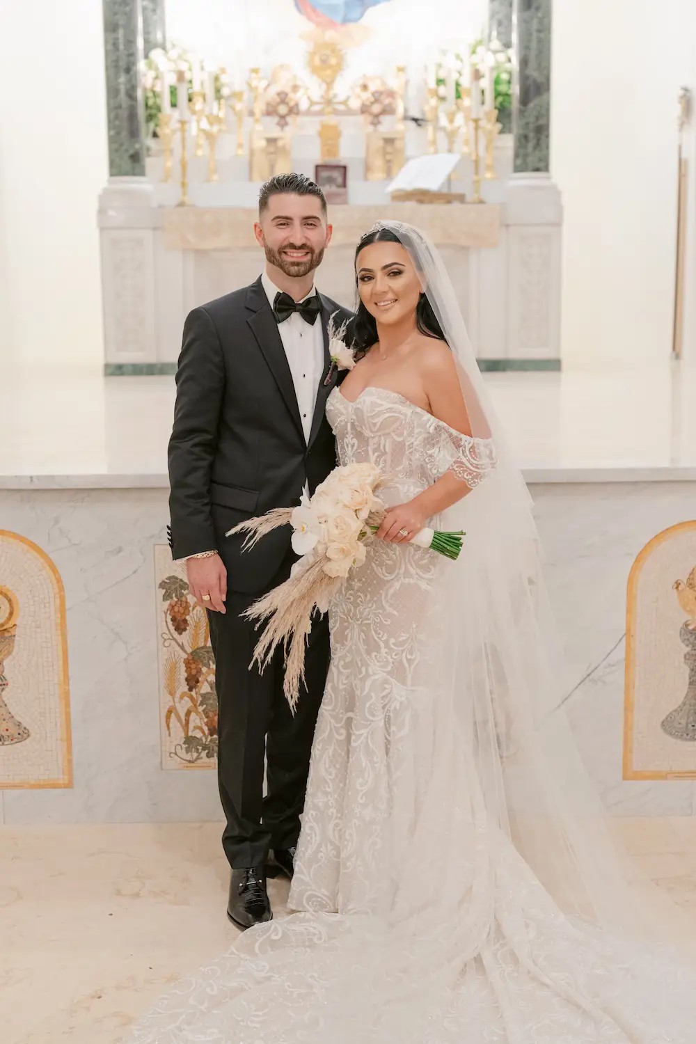Aida Wears Lace Wedding Dress With Off The Shoulders Straps. Desktop Image