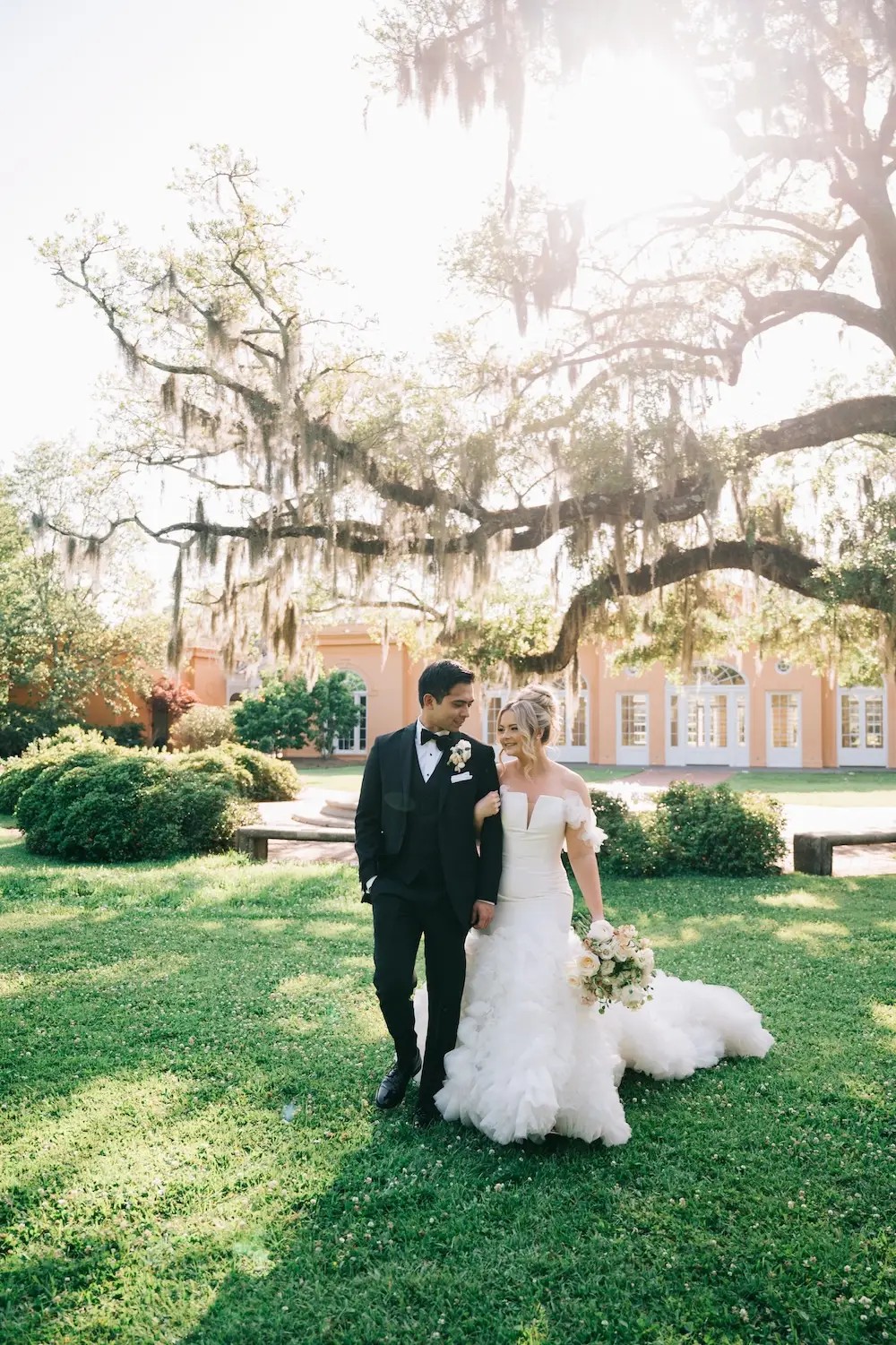 Kassie Wears Modern, Off The Shoulders Textural Wedding Dress. Desktop Image