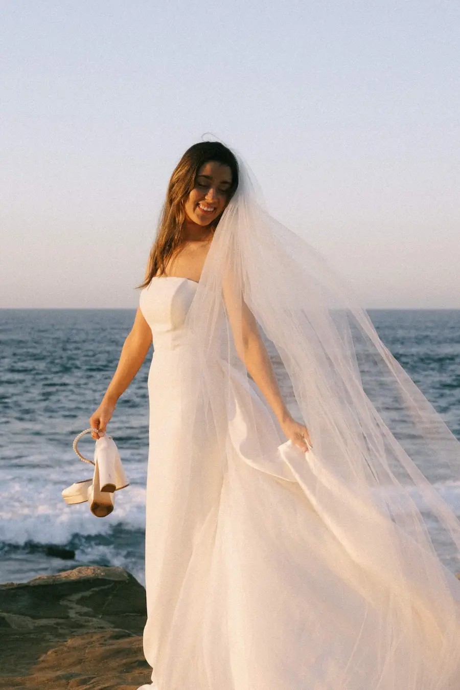 Katie Wears Simple Chic Strapless Wedding Dress. Desktop Image