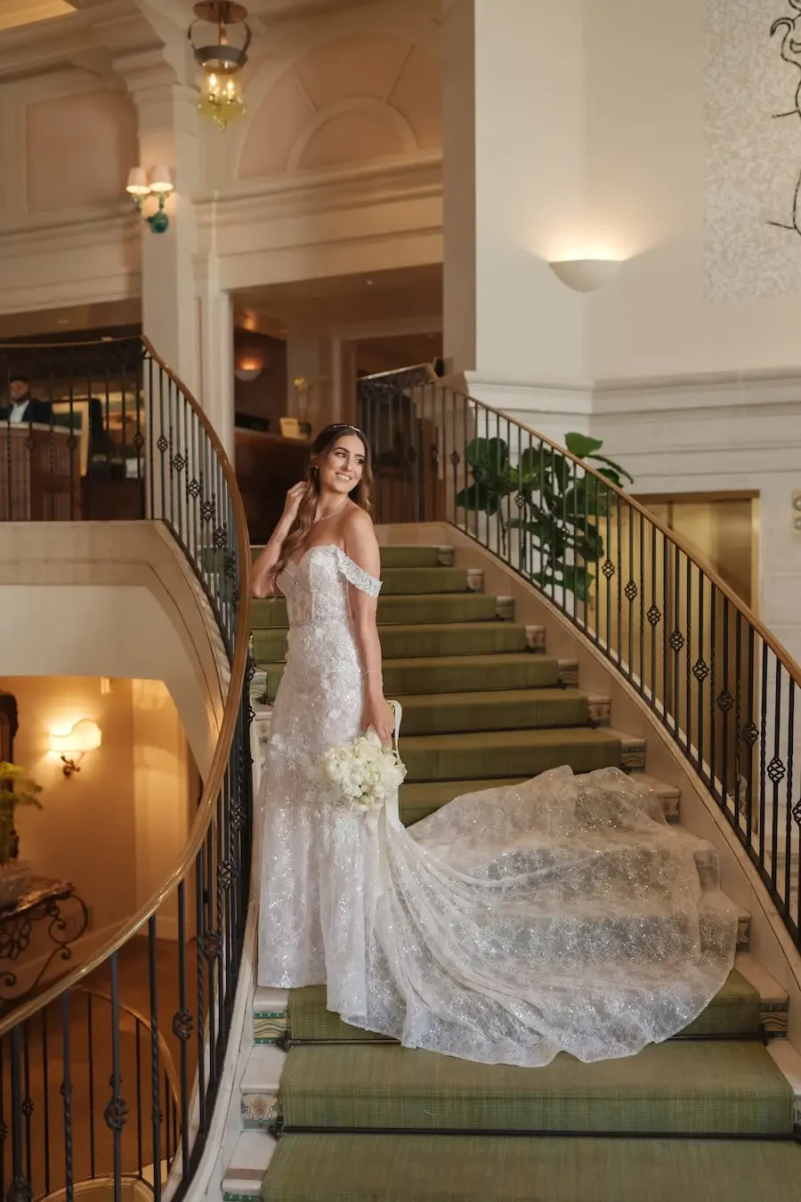 Talar Wears Sparkle Off The Shoulders Wedding Dress With Floral Appliques. Desktop Image