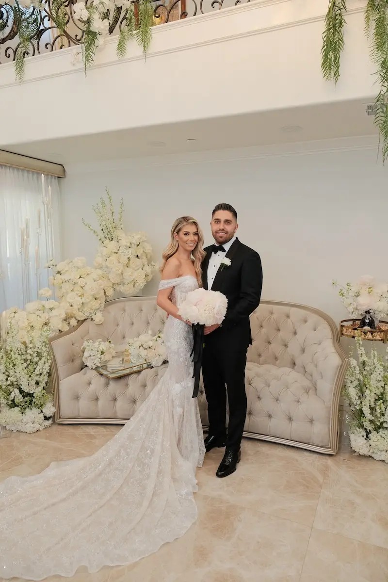 Nela Wears Sparkle Lace Wedding Dress With Removable Off Shoulders Straps. Mobile Image