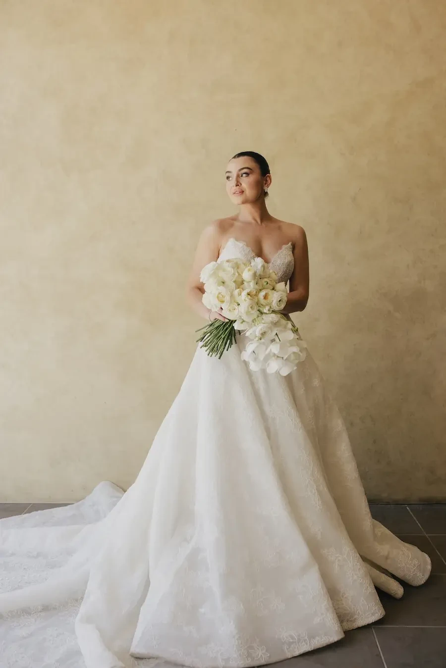 Georgette Wears Floral Lace Strapless Ball Gown Wedding Dress Image