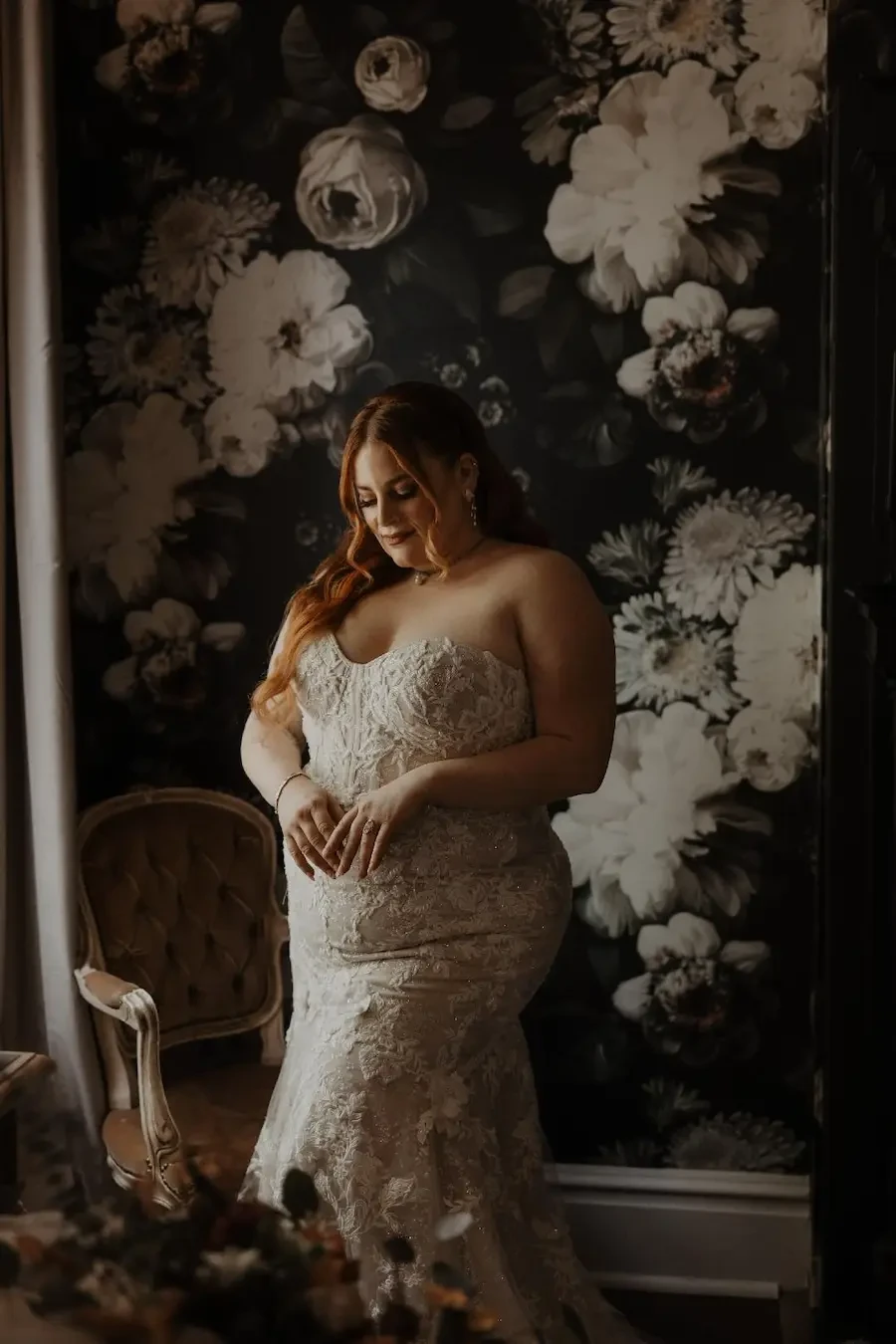 Jordan Wears Strapless Lace Plus Size Wedding Dress Image