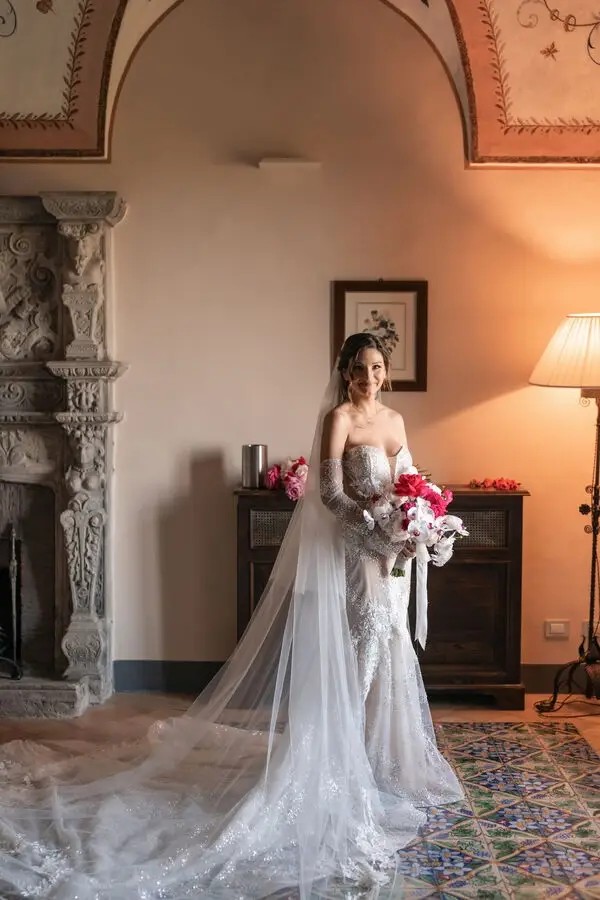Veronica Wears Strapless, Sparkle Lace Wedding Dress With Removable Sleeves. Desktop Image